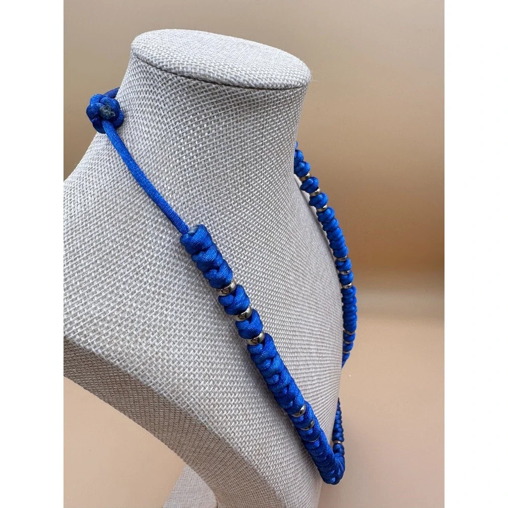 Blue Knotted Cord Necklace Silver Tone Spacer Beads Boho Festival Statement Gift
